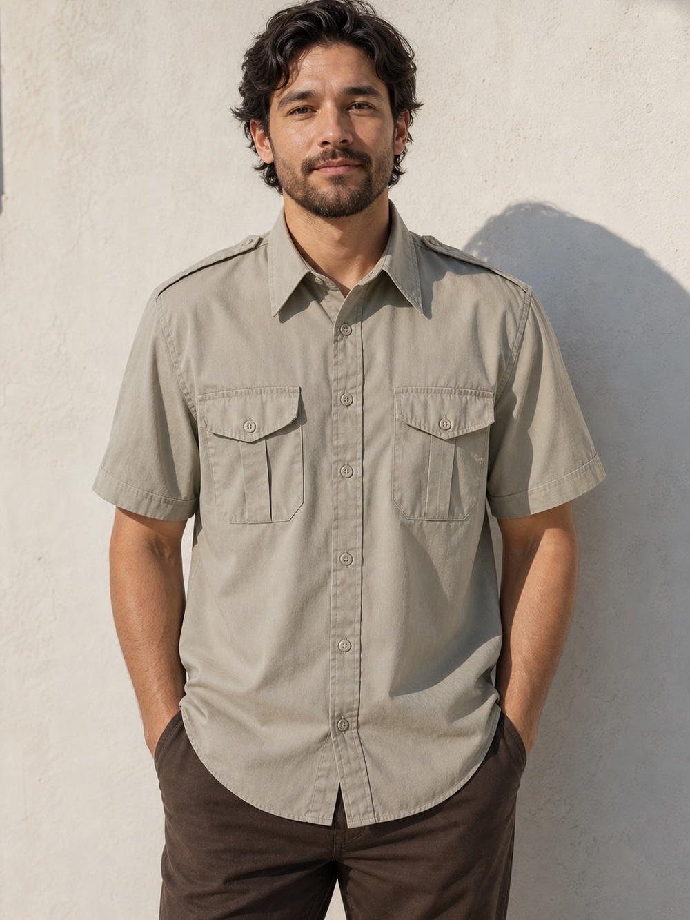 Vtg Mens Khaki Safari Utility Shirt Short Sleeve Button Up M Outdoor Military